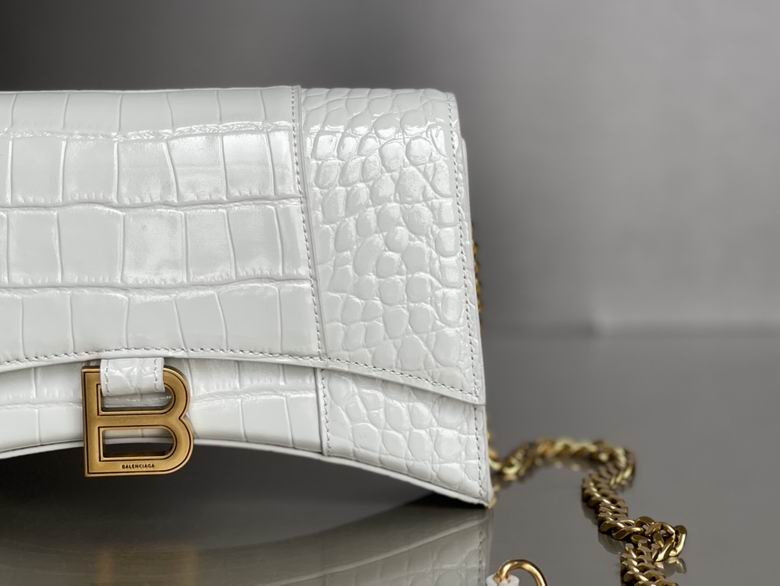 BALENCIAGA Calfskin Crocodile Embossed Hourglass Chain Bag White