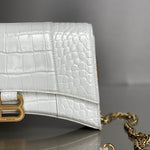 BALENCIAGA Calfskin Crocodile Embossed Hourglass Chain Bag White