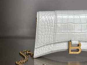 BALENCIAGA Calfskin Crocodile Embossed Hourglass Chain Bag White