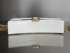 BALENCIAGA Calfskin Crocodile Embossed Hourglass Chain Bag White