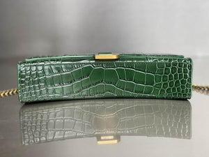 BALENCIAGA Green Croc Hourglass Shoulder Bag