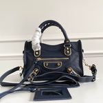 BALENCIAGA Chevre Gold Metallic Edge Hardware Mini City Bleu Nuit