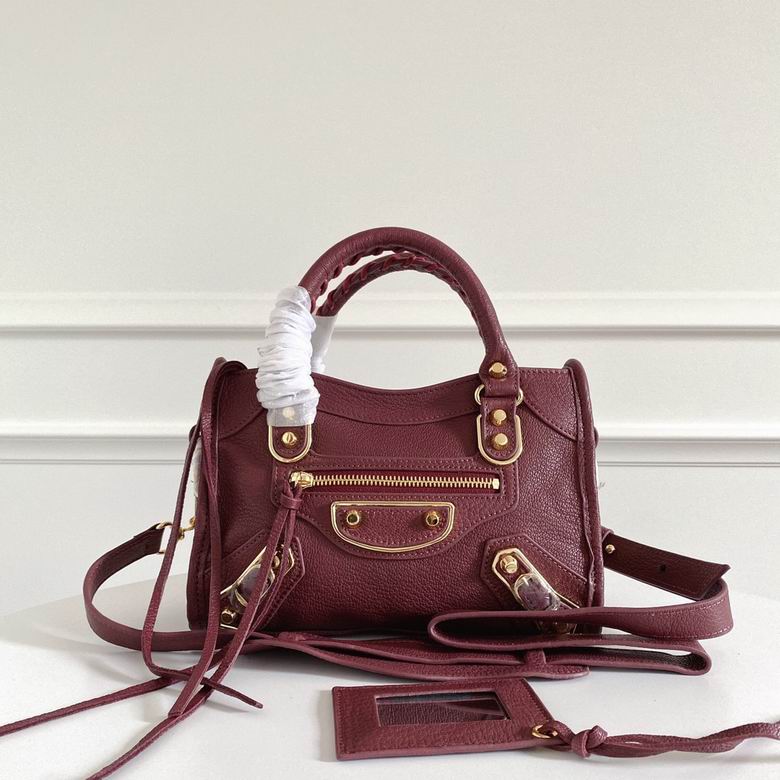 BALENCIAGA Chevre Gold Metallic Edge Hardware Mini City Bordeaux