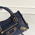 BALENCIAGA Chevre Gold Metallic Edge Hardware Mini City Bleu Nuit