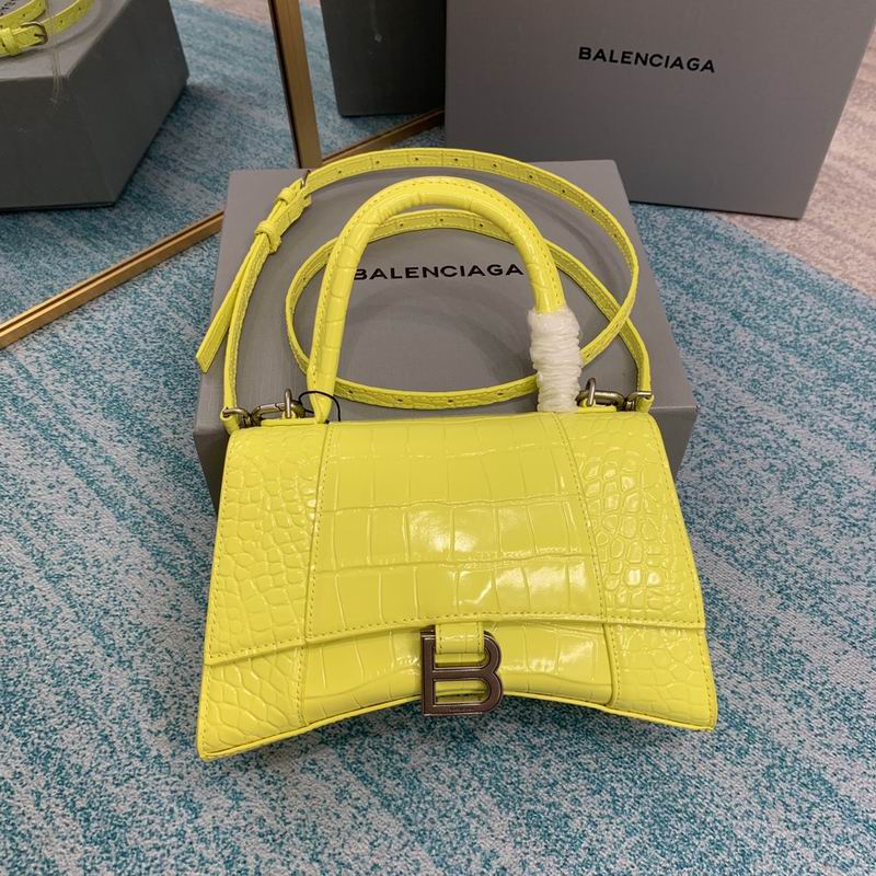 BALENCIAGA Shiny Calfskin Crocodile Embossed Small Hourglass Top Handle Bag Light Yellow