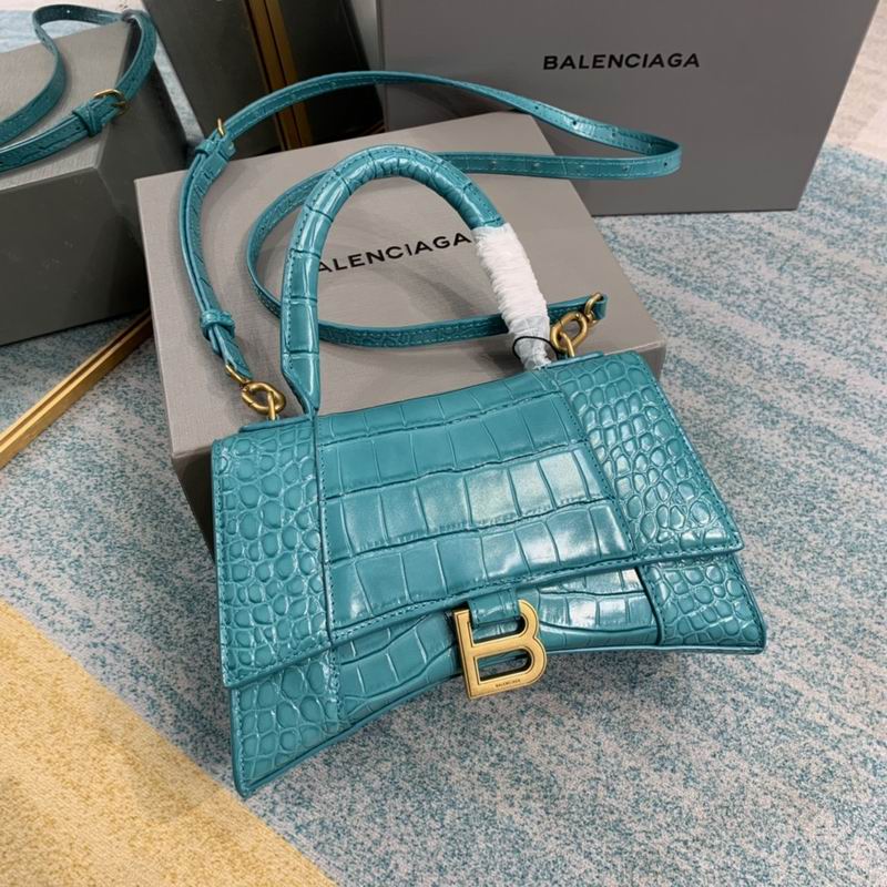 BALENCIAGA Shiny Calfskin Crocodile Embossed Hourglass Top Handle Bag XS Dark Turquoise