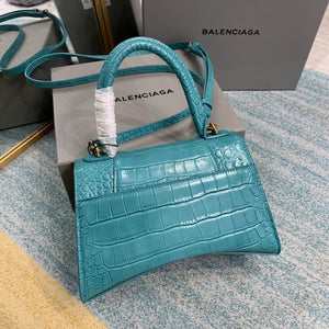 BALENCIAGA Shiny Calfskin Crocodile Embossed Hourglass Top Handle Bag XS Dark Turquoise