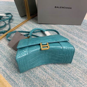 BALENCIAGA Shiny Calfskin Crocodile Embossed Hourglass Top Handle Bag XS Dark Turquoise