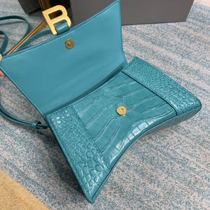 BALENCIAGA Shiny Calfskin Crocodile Embossed Hourglass Top Handle Bag XS Dark Turquoise