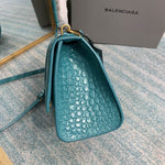 BALENCIAGA Shiny Calfskin Crocodile Embossed Hourglass Top Handle Bag XS Dark Turquoise