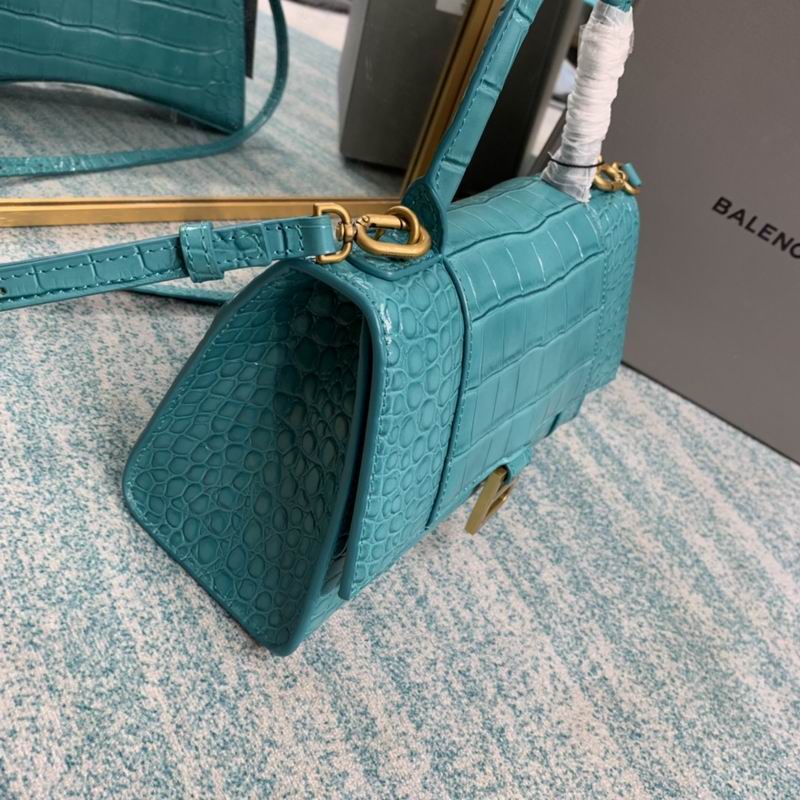 BALENCIAGA Shiny Calfskin Crocodile Embossed Hourglass Top Handle Bag XS Dark Turquoise