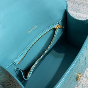 BALENCIAGA Shiny Calfskin Crocodile Embossed Hourglass Top Handle Bag XS Dark Turquoise