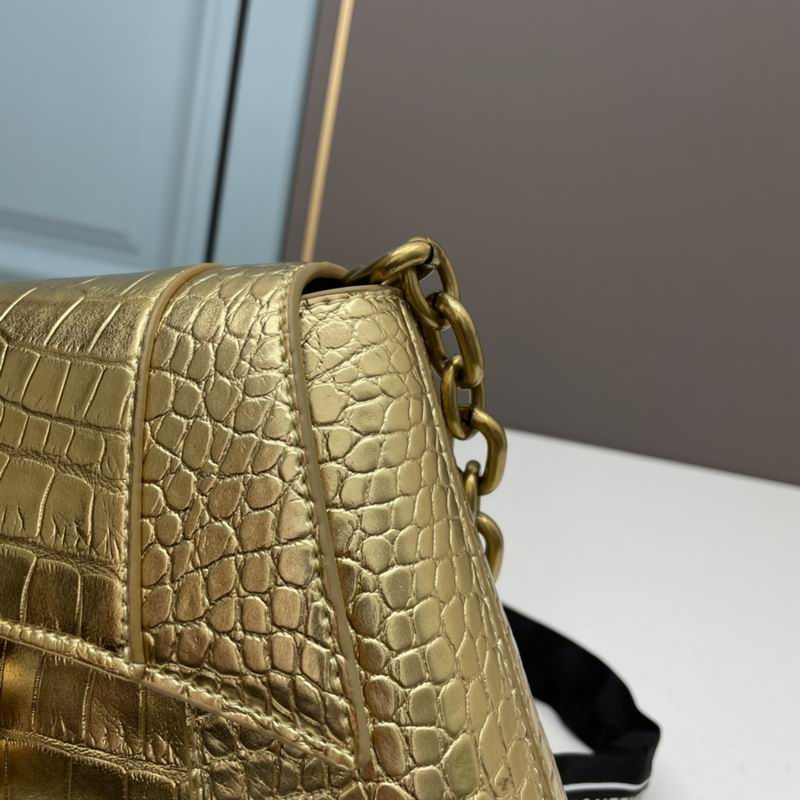 BALENCIAGA Metallic Calfskin Crocodile Embossed Hourglass Top Handle Bag XS Gold