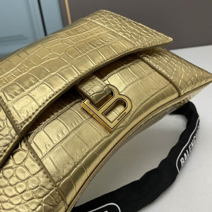 BALENCIAGA Metallic Calfskin Crocodile Embossed Hourglass Top Handle Bag XS Gold