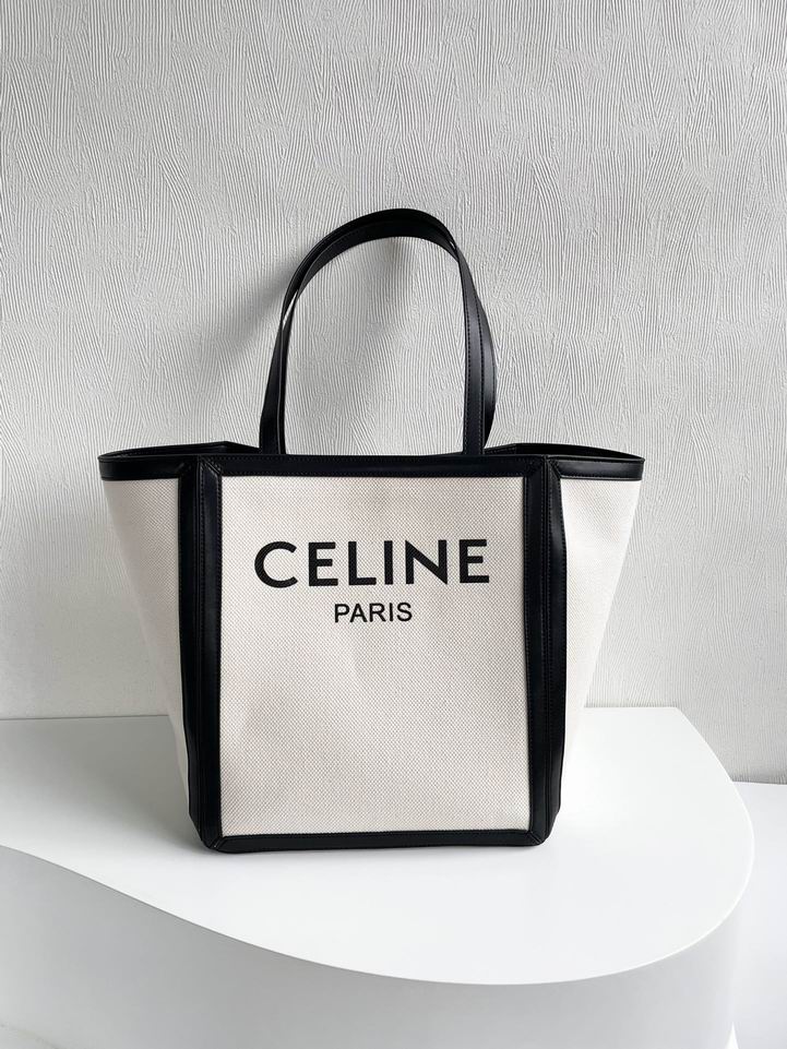 Celine Large Square Woven Tote, Beige and Black