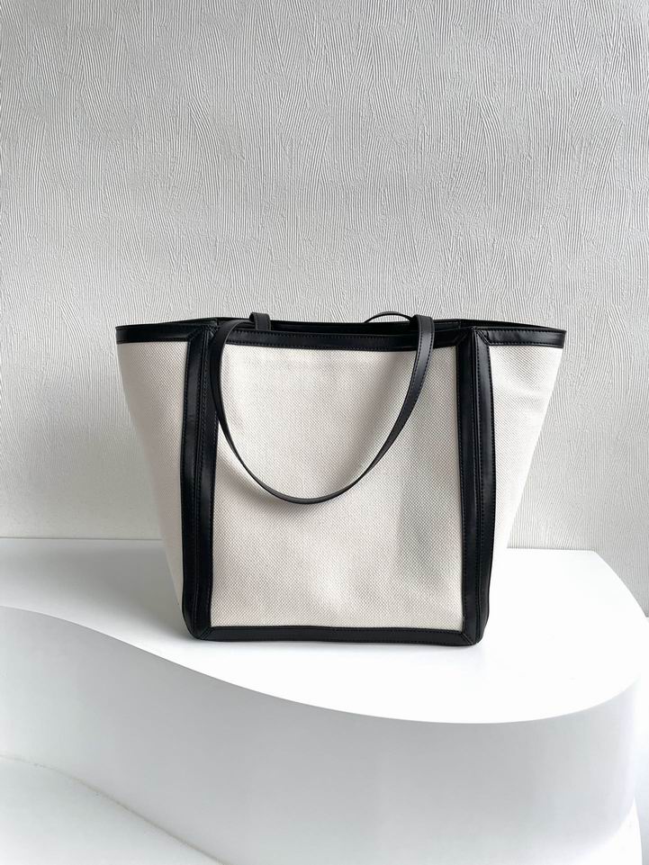 Celine Large Square Woven Tote, Beige and Black