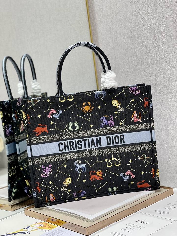 CHRISTIAN DIOR  Canvas Embroidered Medium Pixel Zodiac Book Tote Black Multicolor