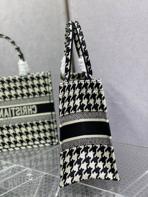 CHRISTIAN DIOR  Canvas Houndstooth Embroidered Small Book Tote Black White