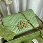 GUCCI - Calfskin Matelasse Small GG Marmont Chain Shoulder Bag Salamander Green