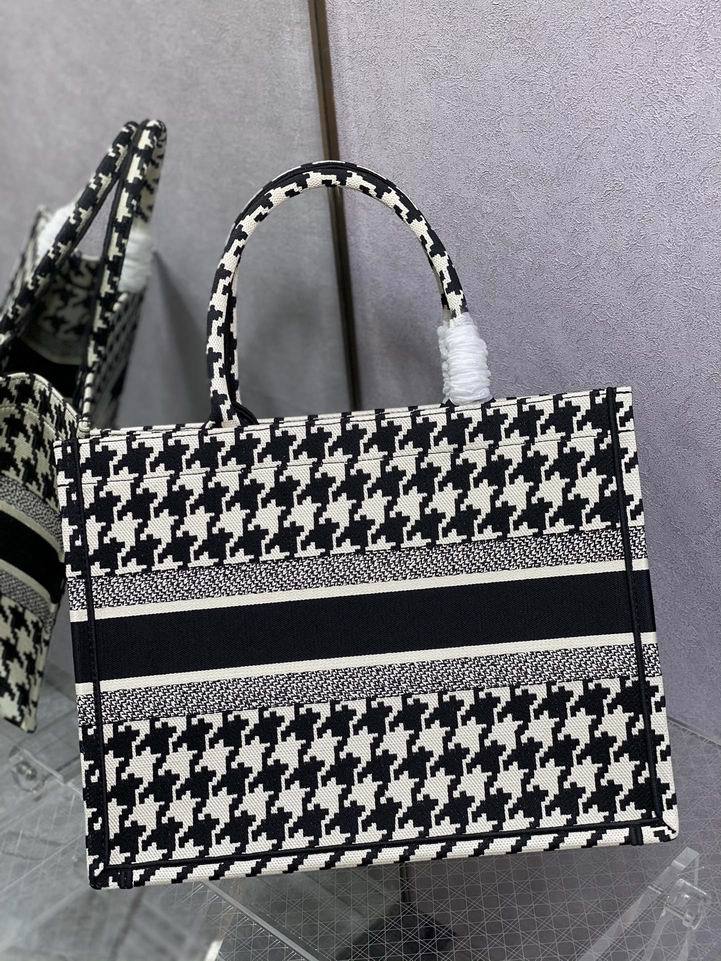 CHRISTIAN DIOR  Canvas Houndstooth Embroidered Small Book Tote Black White