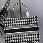 CHRISTIAN DIOR  Canvas Houndstooth Embroidered Small Book Tote Black White