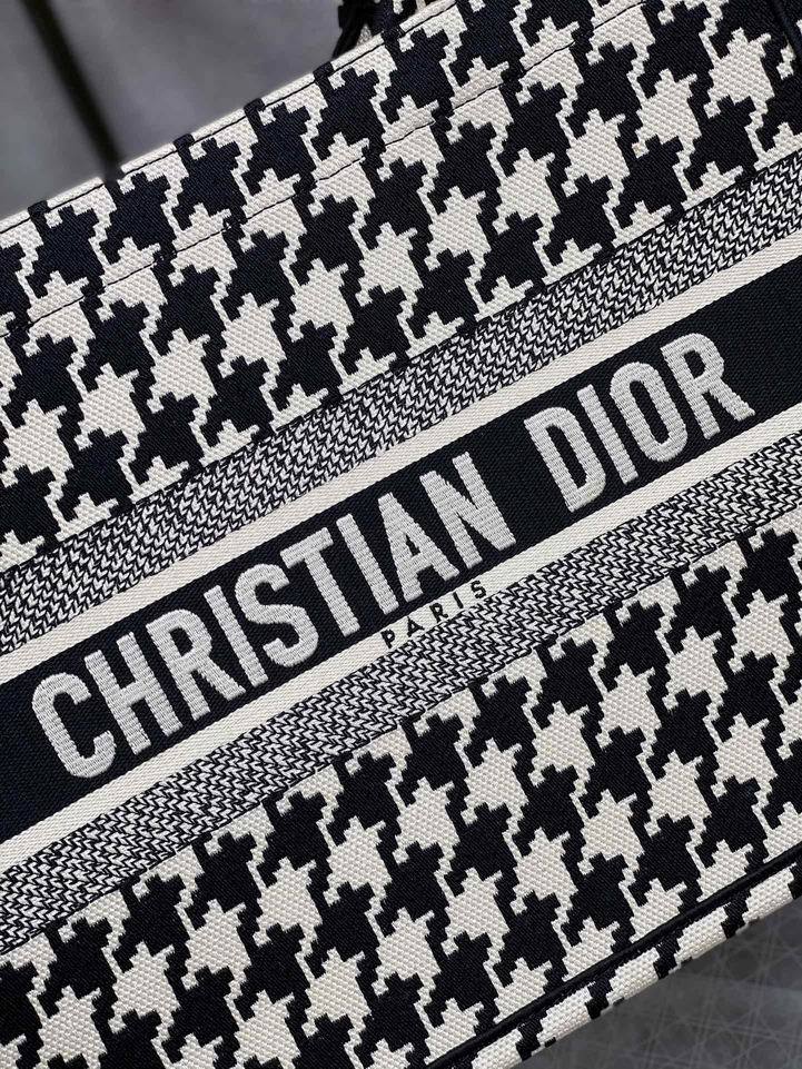 CHRISTIAN DIOR  Canvas Houndstooth Embroidered Small Book Tote Black White