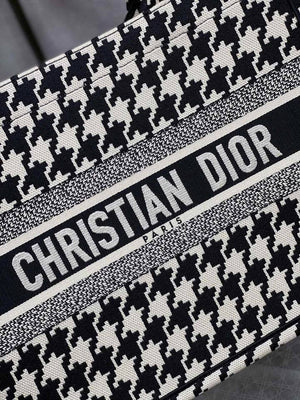 CHRISTIAN DIOR  Canvas Houndstooth Embroidered Small Book Tote Black White