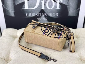 Dior Unisex CD Small Diorcamp Bag Beige Jute Canvas Embroidered Union Motif