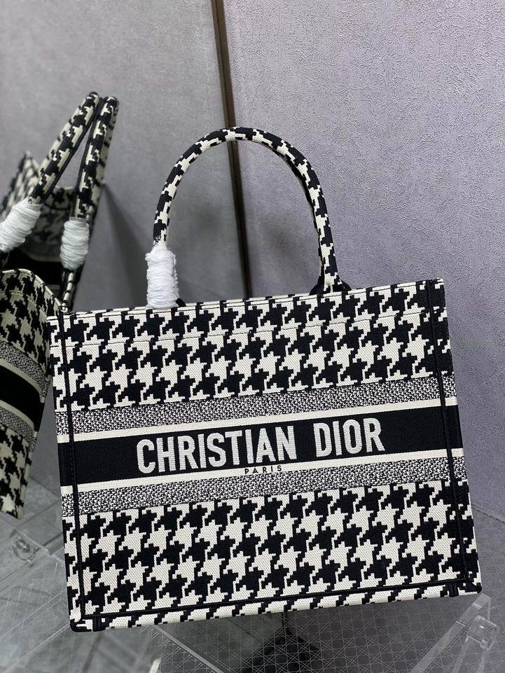 CHRISTIAN DIOR  Canvas Houndstooth Embroidered Small Book Tote Black White