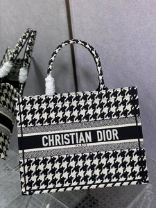 CHRISTIAN DIOR  Canvas Houndstooth Embroidered Small Book Tote Black White