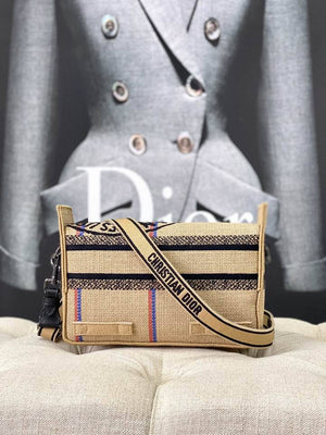 Dior Unisex CD Small Diorcamp Bag Beige Jute Canvas Embroidered Union Motif