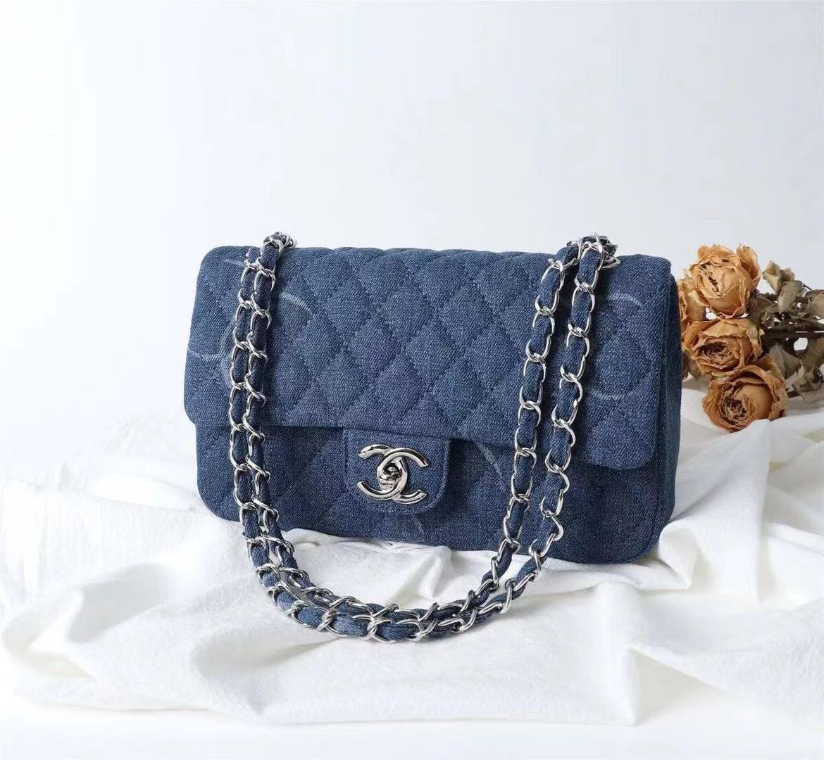 Chanel, Blue Denim Square Mini Single Flap Handbag Shiny Silver Hardware