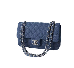 Chanel, Blue Denim Square Mini Single Flap Handbag Shiny Silver Hardware