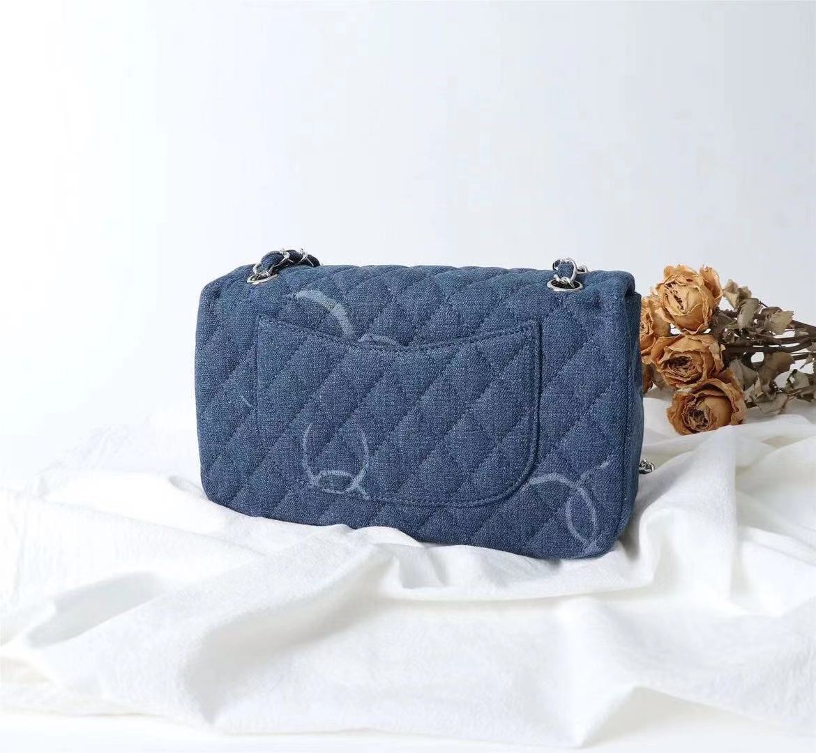 Chanel, Blue Denim Square Mini Single Flap Handbag Shiny Silver Hardware