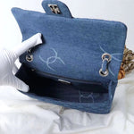 Chanel, Blue Denim Square Mini Single Flap Handbag Shiny Silver Hardware