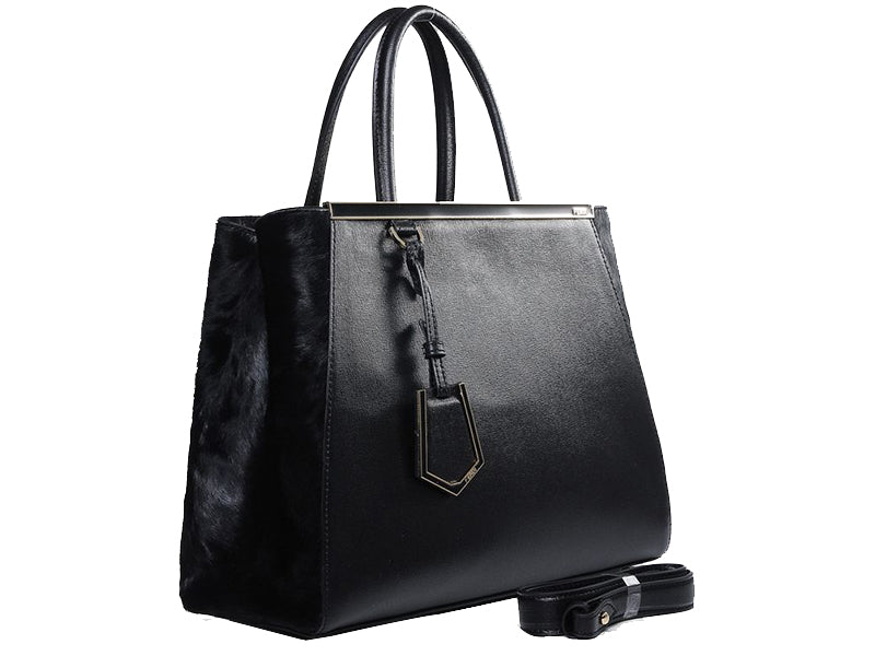 FENDI 2JOURS CALFSKIN TOTE BAG BLACK WITH FUR