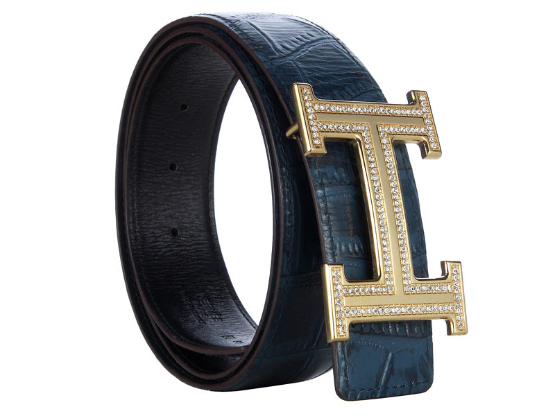 HERMES CROCODILE LEATHER GOLD H BUCKLE BELT WITH DIAMOND DARK BLUE