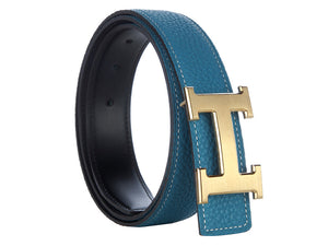 HERMES TOGO LEATHER BELT WITH GOLD H BUCKLE BLUE