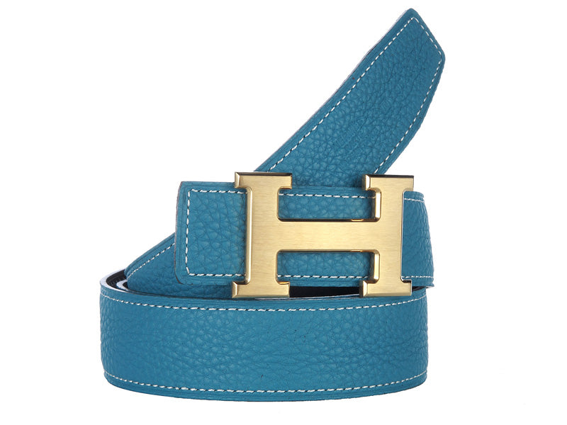 HERMES TOGO LEATHER BELT WITH GOLD H BUCKLE BLUE