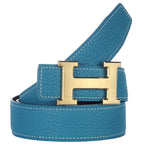 HERMES TOGO LEATHER BELT WITH GOLD H BUCKLE BLUE