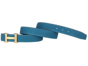 HERMES TOGO LEATHER BELT WITH GOLD H BUCKLE BLUE