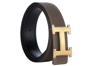 HERMES TOGO LEATHER BELT WITH GOLD H BUCKLE KHAKI