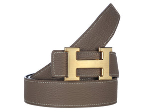 HERMES TOGO LEATHER BELT WITH GOLD H BUCKLE KHAKI