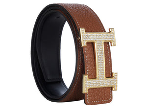 HERMES TOGO LEATHER GOLD H BUCKLE BELT WITH DIAMOND MOUNT BROWN