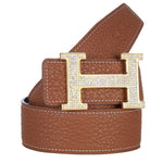 HERMES TOGO LEATHER GOLD H BUCKLE BELT WITH DIAMOND MOUNT BROWN