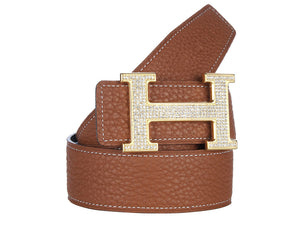 HERMES TOGO LEATHER GOLD H BUCKLE BELT WITH DIAMOND MOUNT BROWN