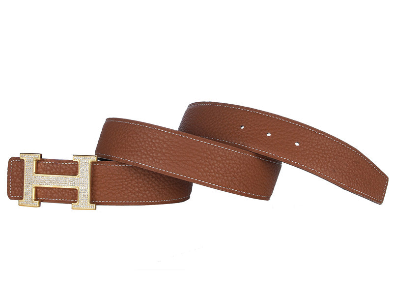 HERMES TOGO LEATHER GOLD H BUCKLE BELT WITH DIAMOND MOUNT BROWN