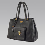 PRADA COWHIDE MEDIUM TOTE WITH FRONT POCKET BLACK