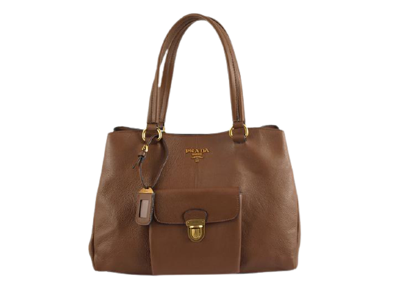 PRADA COWHIDE MEDIUM TOTE WITH FRONT POCKET BROWN