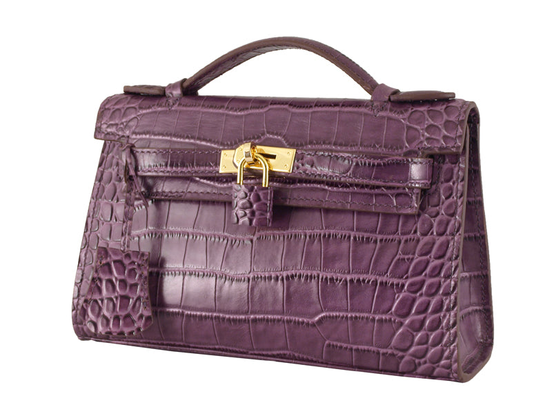 HERMES MATTE KELLY POCHETTE CROCODILE PURPLE